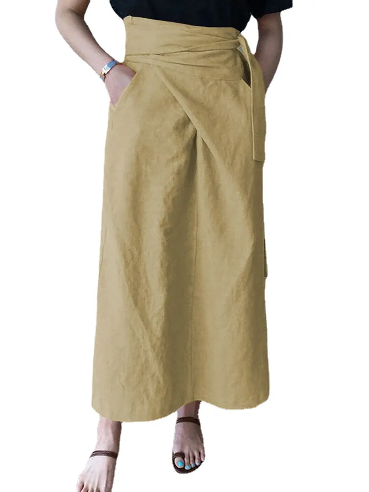 Women Cotton A-Line Casual Belted High Waist Maxi Skirts With Pocket