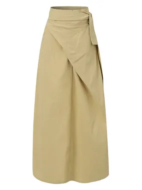 Women Cotton A-Line Casual Belted High Waist Maxi Skirts With Pocket