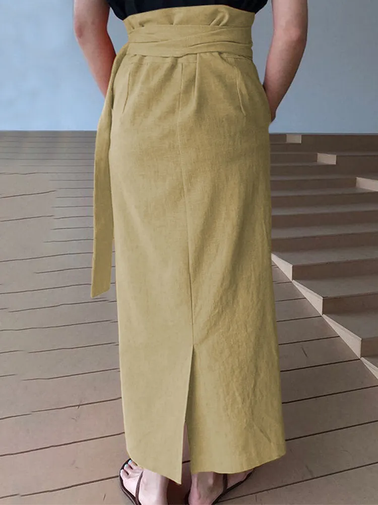 Women Cotton A-Line Casual Belted High Waist Maxi Skirts With Pocket