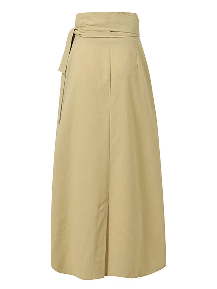 Women Cotton A-Line Casual Belted High Waist Maxi Skirts With Pocket