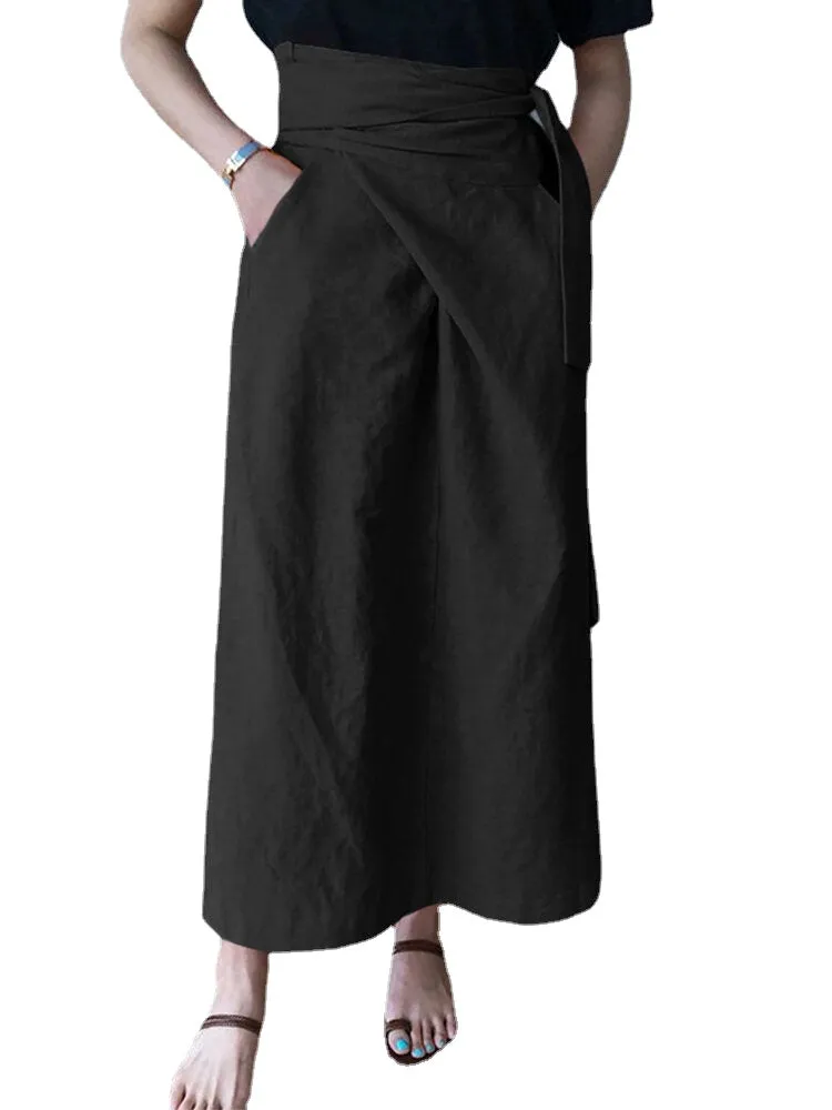 Women Cotton A-Line Casual Belted High Waist Maxi Skirts With Pocket