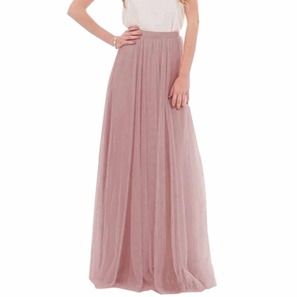 Women Full Length Elastic Pleated Maxi Chiffon Long Tutu Skirt