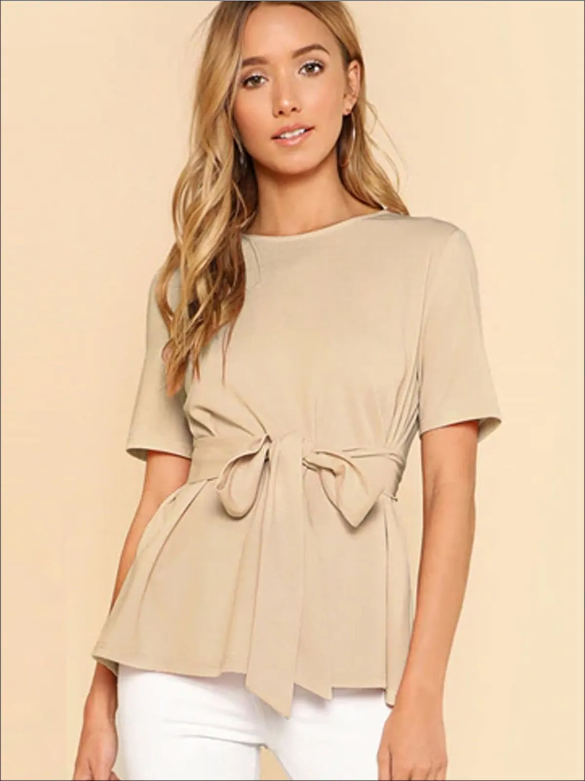 Women's Basic Belted Short Sleeve Blouse