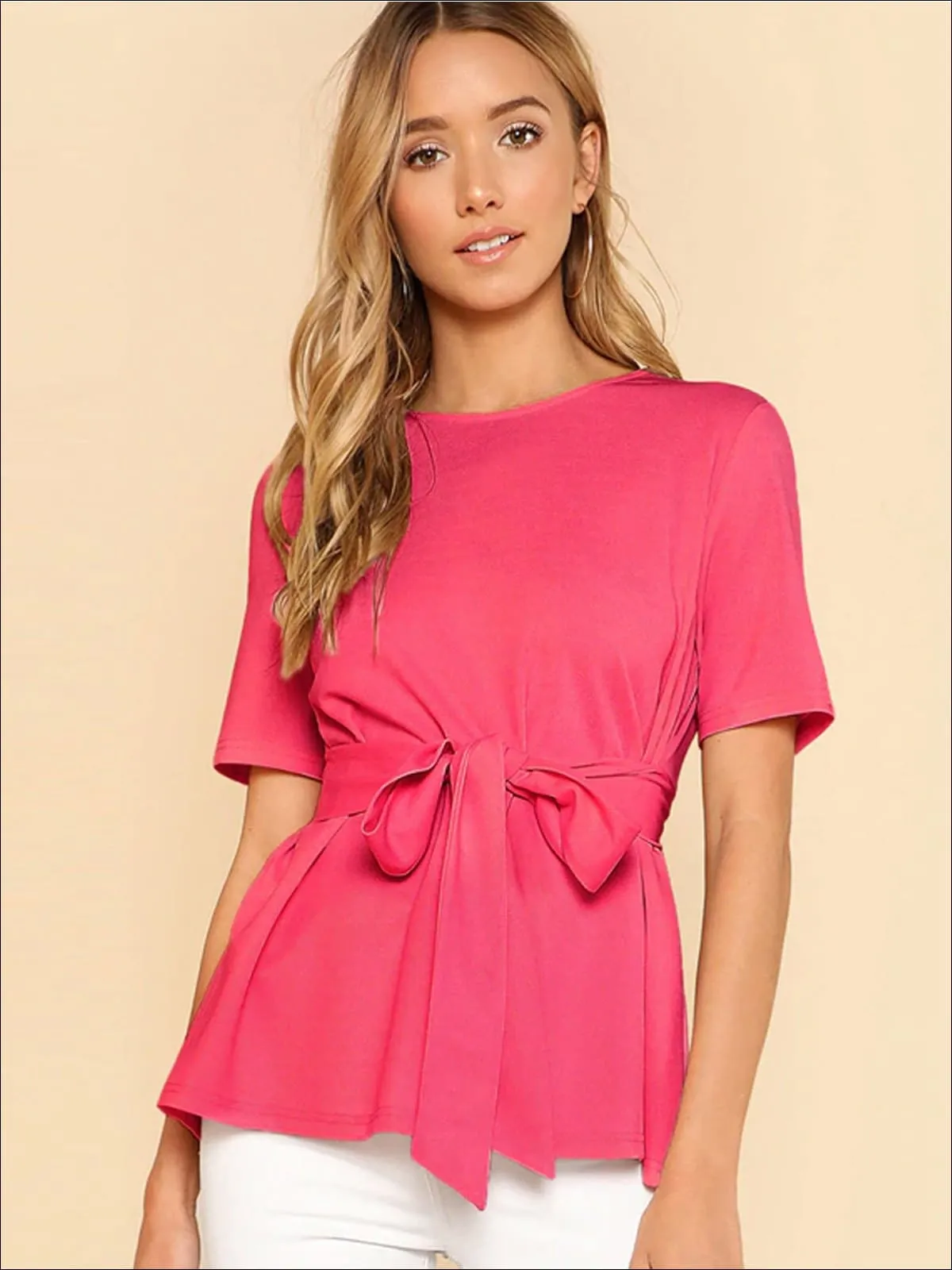 Women's Basic Belted Short Sleeve Blouse