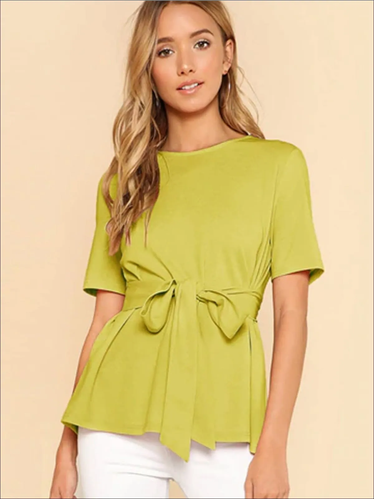 Women's Basic Belted Short Sleeve Blouse