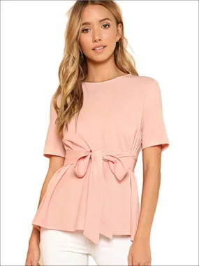 Women's Basic Belted Short Sleeve Blouse