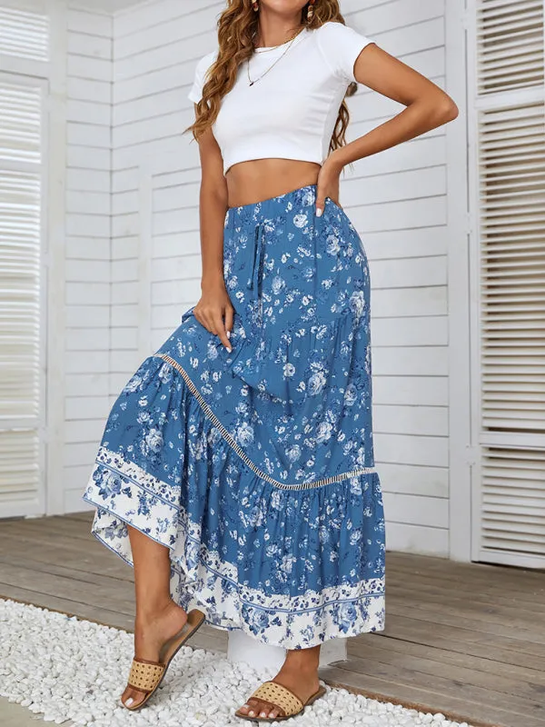 Women's High Waist Tie Vintage Floral Long Skirt