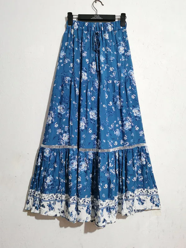 Women's High Waist Tie Vintage Floral Long Skirt