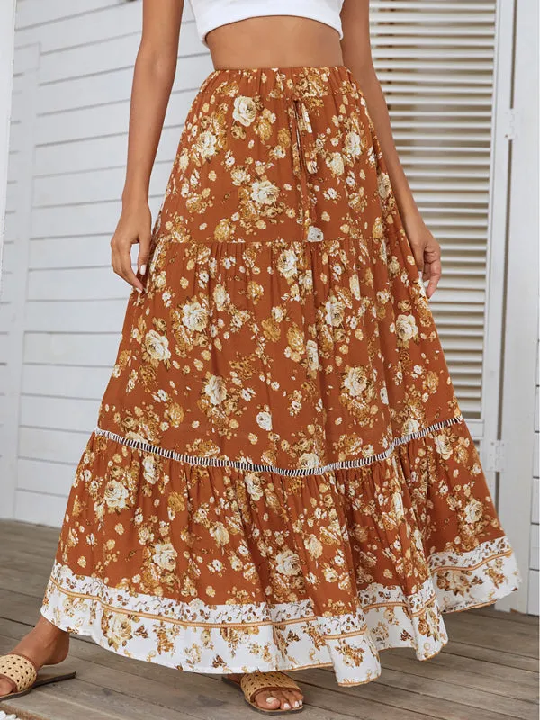 Women's High Waist Tie Vintage Floral Long Skirt