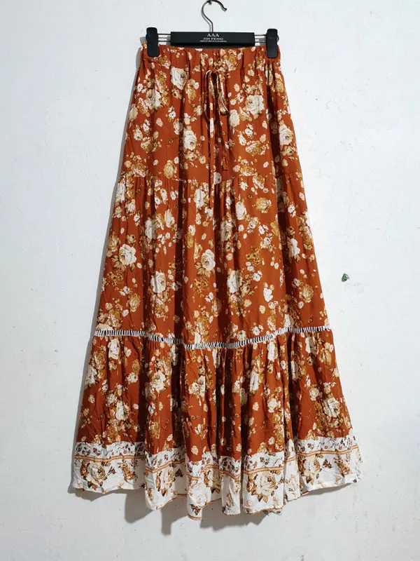 Women's High Waist Tie Vintage Floral Long Skirt