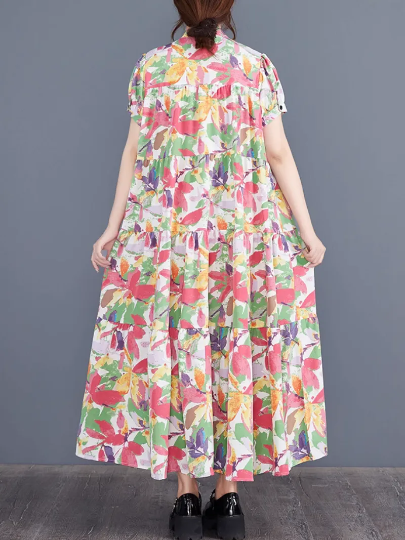 Women's Summer Short-Sleeved Button-Up A-Line Dress