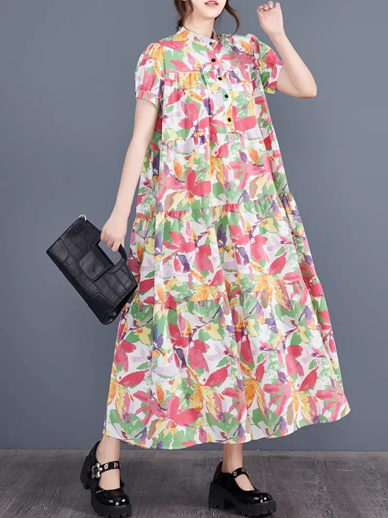 Women's Summer Short-Sleeved Button-Up A-Line Dress